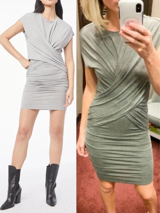 Frame Denim Dresses & Skirts - Frame Shirred Muscle Tee Shirt Dress Gris Heather Ruched Midi Stretchy Y2K Style